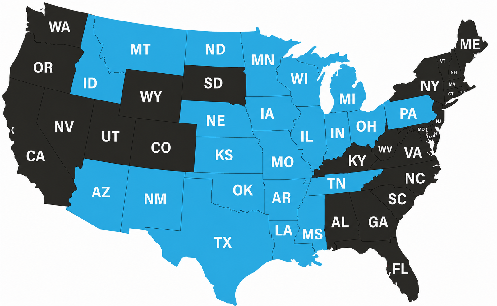MAJR Resources service area map showing states served across the United States