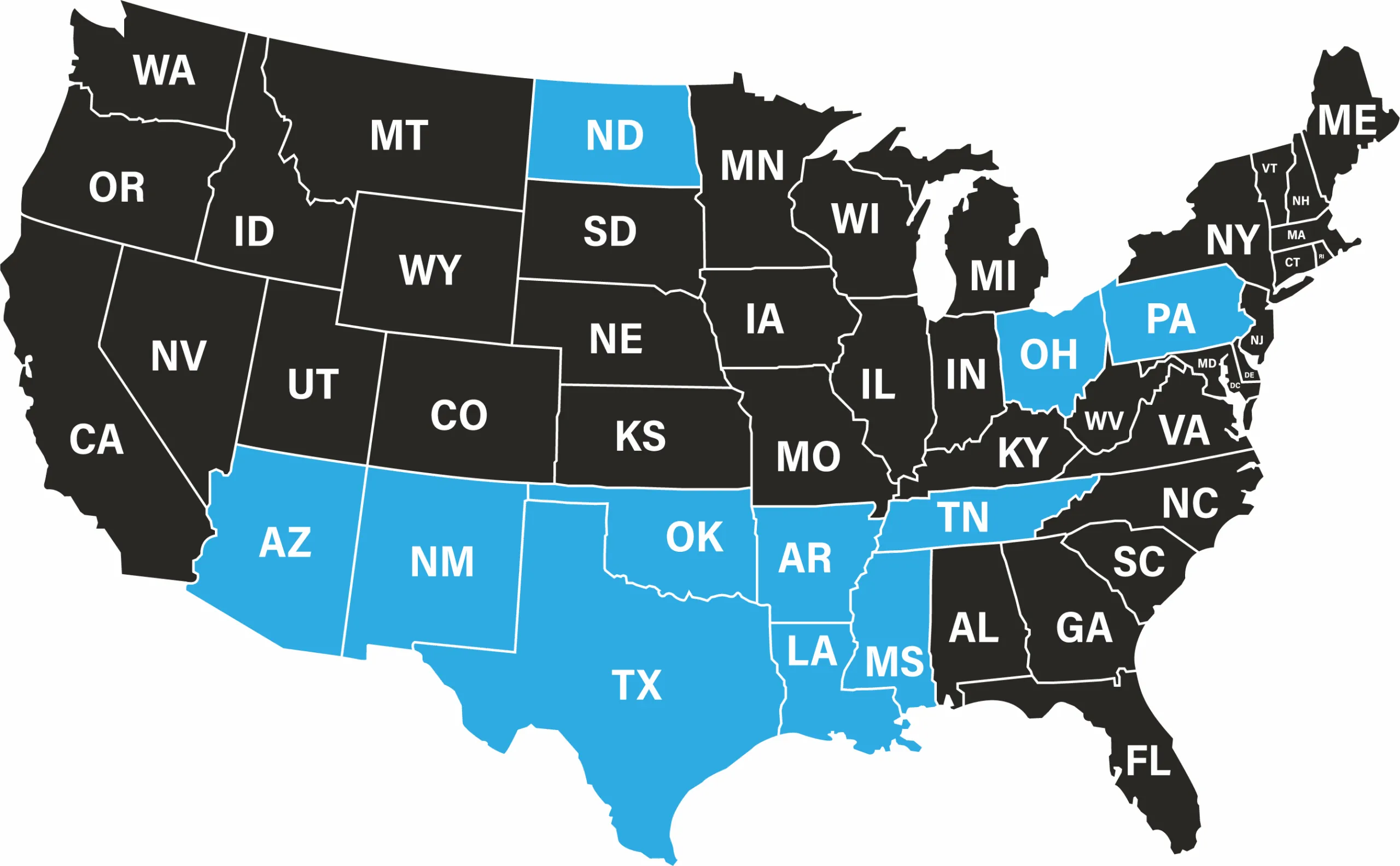 MAJR Resources service area map showing states served across the United States