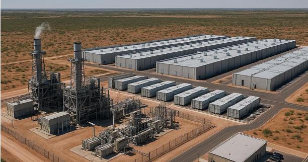 West Texas energy campus where a natural gas generation plant, battery storage containers, and data center buildings share one site